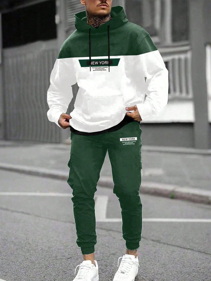 Manfinity-Homme-Mens-Slogan-Printed-Color-Block-Hooded-Sweatshirt-And-Joggers-Two-Pieces-Set-With-Drawstring-Mens-Jogger-Setmen-2-Pieces-Sweatsuitmen-Jogger-Setsgreen-Outfit-Men.