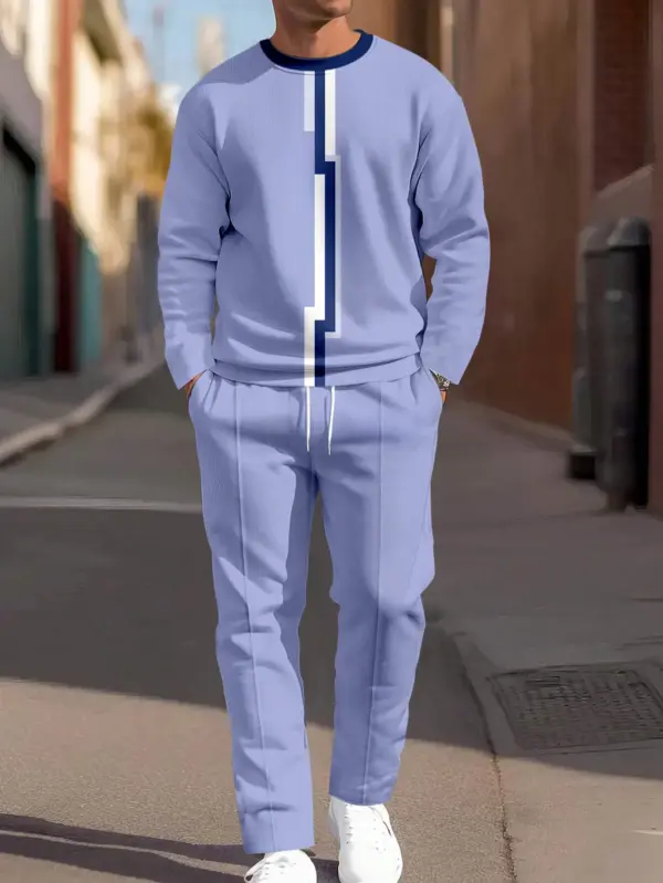 Men's Simple Colorblock Round Neck Casual Sports Set 081.