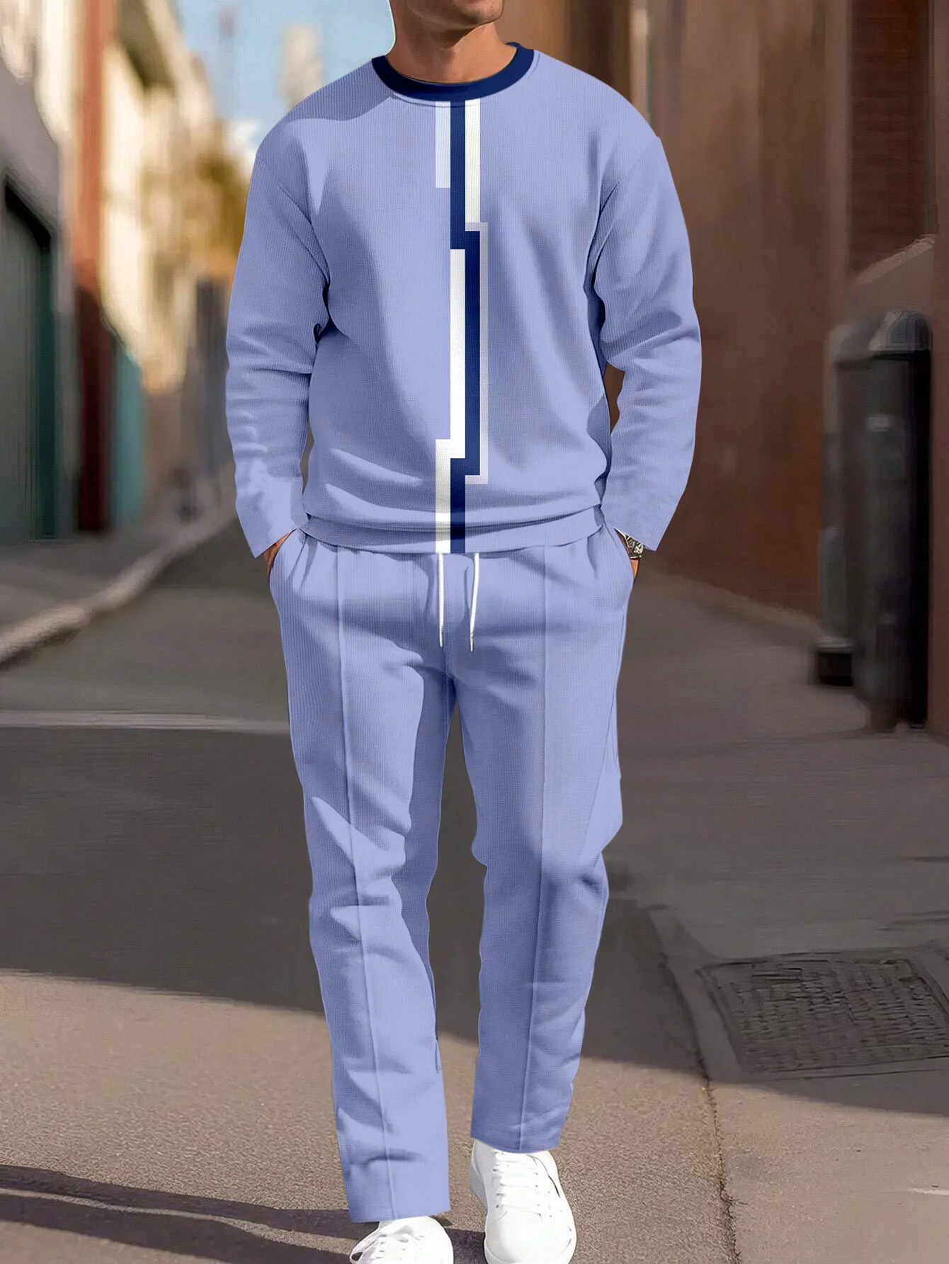 Men's Simple Colorblock Round Neck Casual Sports Set 081.