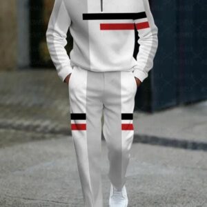 White Black Red long sleeve zipper two-piece set.